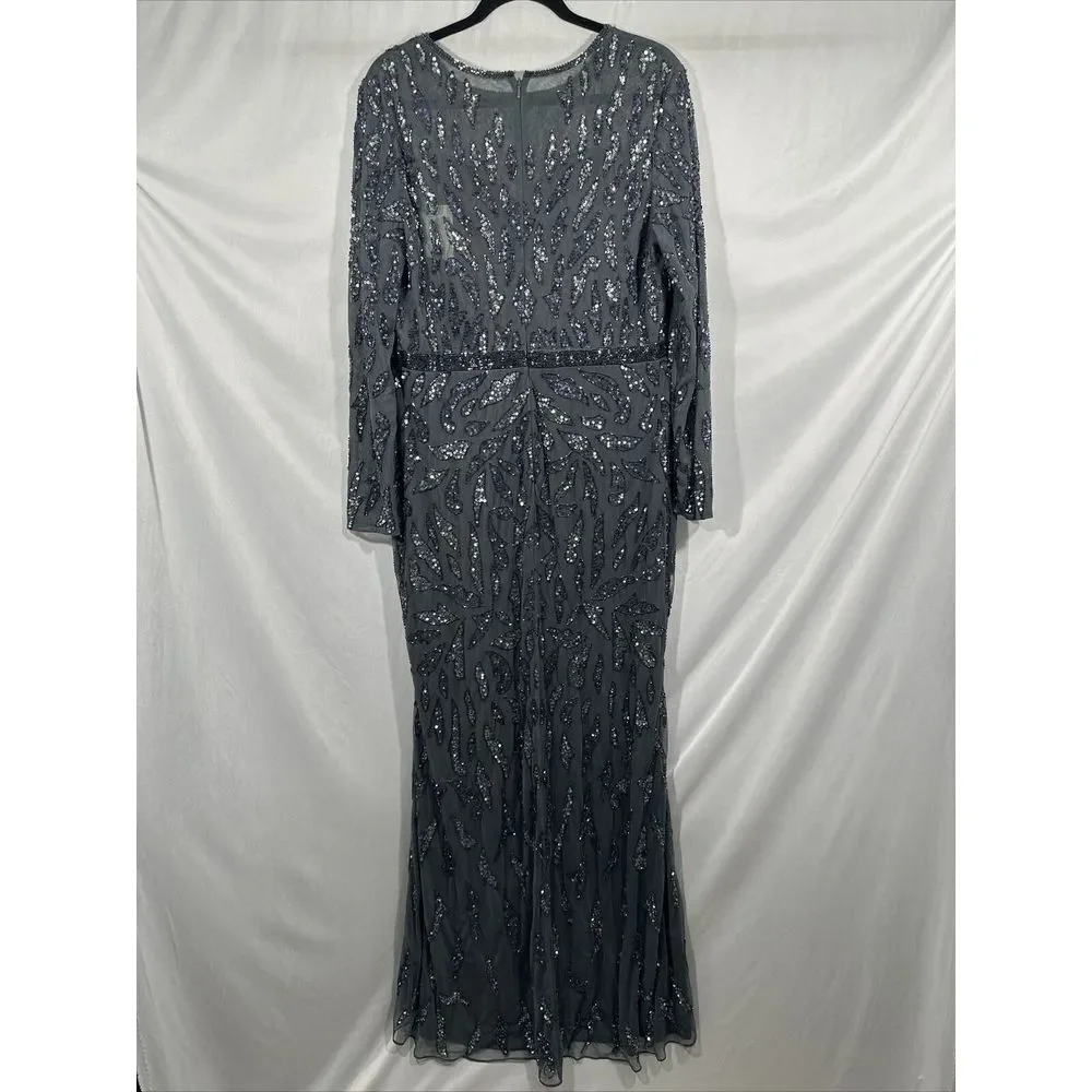 NWT $598 Mac Duggal [ 14 ] Beaded Long Sleeve‎ Evening Gown in Charcoal #S1107 - Picture 11 of 13